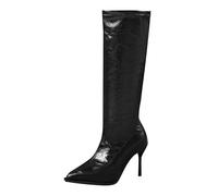 UK 4 Knee High Boots Women Patent Leather Pointed Toe Fall Tall Boots 9cm Stiletto High Heel Long Boot Fashion Trendy Side Zipper Dress Knee High Booties Black Footwear