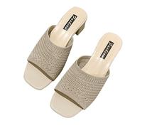 UK 4 Knit Heeled Mules Wide Fit Sandals for Women Heels Square Open Toe Low Block Chunky Heels Sandals Knit Upper Mules Backless Slippers Slip on Dress Shoes A0_White Clearance Gifts for Women