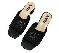 UK 4 Knit Heeled Mules Wide Fit Sandals for Women Heels Square Open Toe Low Block Chunky Heels Sandals Knit Upper Mules Backless Slippers Slip on Dress Shoes A0_Black Clearance Gifts for Women