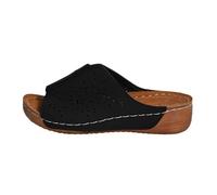 UK 4 Open Toe Low Wedge Mules for Women Clearance Orthopedic Slides Ladies Summer Slip on Leopard Print Comfy Memory Foam Insole Sliders Sandals Beach Slippers Footwear Gifts Hollow Out_Black