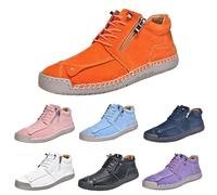 UK 4 Unisex Hand Stitching Leather Flat Ankle Boots High Top Loafers Wide Width Boots Men Women Slip on Round Toe Non-Slip Walking Shoes Casual Driving Daily Business Sneakers Orange