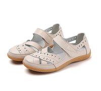 UK 4 WOMEN Leather Mary Jane Flat Shoes -Ladies Wide Fit Comfort Casual Work Office Nursing Sandals Touch Fasterning Closure Closed Toe Athletic Sandals Beige Footwear Gift