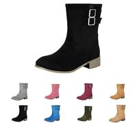 UK 4 Women's Ankle Boots Fashion Low Calf Flat Booties Round Toe Block Chunky Low Heel Fall Winter Casual Pull on Short Boots Double Buckle Suede Dress Shoes for Women Footwear Black