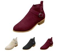 UK 4 Women's Chelsea Ankle Booties,Faux Suede Low Block Heel Elastic Buckle Strap Round Toe Ankle Short Boots Chelsea Booties with Side Zip Fall Shoes Footwear Wine