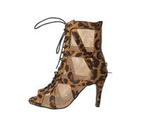 UK 4 Women's Dance Heels Peep Toe Mesh Ballroom Dancing Boots Summer Ankle Boots Lace up Pumps Party Shoes Ladies Stiletto Sandals Dancing Shoes B0_Clearance Leopard