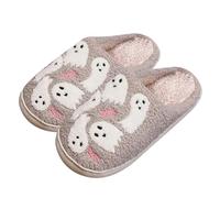 UK 4 Women's Halloween Pumpkin Slippers for Womens Mens Plush Spooky Warm Ghost Slippers House Shoes Ladies Memory Foam Slip on Christmas Slipper Bow 2025 Grey Ghosts