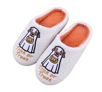 UK 4 Women's Halloween Pumpkin Slippers for Womens Mens Plush Spooky Warm Ghost Slippers House Shoes Ladies Memory Foam Slip on Christmas Slipper Bow 2025 White Dog