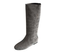 UK 4 Women's Knee High Low Hidden Wedge Boots Suede Faux Leather Hollow Out Western Boot Round Toe Pull on Ruched Slouchy Brown Tan Fall Boots Tall Vintage Long Booties Grey Footwear