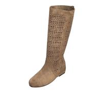 UK 4 Women's Knee High Low Hidden Wedge Boots Suede Faux Leather Hollow Out Western Boot Round Toe Pull on Ruched Slouchy Brown Tan Fall Boots Tall Vintage Long Booties Khaki Footwear