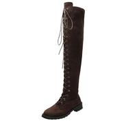 UK 4 Womens Lace up Flat Knee High Boots Faux Suede Low Heel Over The Knee Tall Boots Long Tight High Combat Casual Riding Boot with Half Side Zipper Footwear Brown