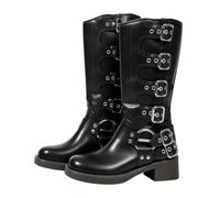 UK 4 Women's Mid Calf Boots Chunky Low Heel Square Toe Riding Buckle Boot for Women Pull on Leather Western Cowboy Boots Pull on Motorcycle Punk Metallic Vintage Buckle Rivet Black