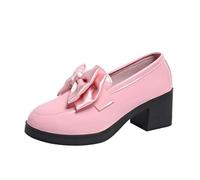 UK 4 Women's Patent Loafers with Bow,Trendy Comfort Closed Round Toe Slip on Bow-Knot Dress Flat Low Heels Loafers Pump Shoes for Business Casual Office Work Daily Footwear Pink