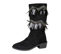 UK 4 Women's Suede Mid Calf Boots Flat Low Block Heel Square Toe Western Boot Pull on Walking Boots with Sequins Tassel Cowgirl Booties Dressy Pull on Wide Calf Fashion Black Stylish Footwear Gifts
