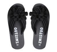 UK 5 3D Flower Flip Flops for Women,Applique Decor Lightweight Outdoor Beach Shoes Summer Flat Casual Slippers Thongs Sandals Ladies Toepost Footwear 003_Black