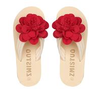 UK 5 3D Flower Flip Flops for Women,Applique Decor Lightweight Outdoor Beach Shoes Summer Flat Casual Slippers Thongs Sandals Ladies Toepost Footwear 003_Red