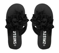 UK 5.5 3D Flower Flip Flops for Women,Applique Decor Lightweight Outdoor Beach Shoes Summer Flat Casual Slippers Thongs Sandals Ladies Toepost Footwear 002_Black