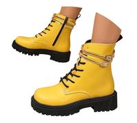 UK 5.5 Ankle Boots for Women Patent Leather Platform Lug Sole Combat Booties Lace up Low Block Chunky Heel Side Zipper Fall Winter Black Military Boot Shoes Stylish Footwear Gift B1_Yellow