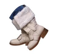 UK 5.5 Christmas Santa Claus Boots Men's Wide Calf Santa Combat Boots with White Plush Cuffs Xmas Mid-Calf Boot Foot Bells Buckle Strap for Christmas UK Ladies Footwear #02_Beige