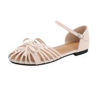 UK 5.5 Closed Toe Flat Sandals for Women Bow Close Round Toe Strappy Caged Toe Covered Adjustable Buckle Vintage Roman Dressy Sandals Beige Ladies Footwear