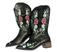 UK 5.5 Cowboy Boots for Women, Flower Embroidered Mid Calf Cowgirl Boots Pointed Toe Western Chunky Stacked Low Heel Shoes Riding Booties for Theme Party Country Concert Stylish Black Footwear Gift