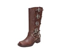 UK 5.5 Extra Wide Calf Riding Boots for Women Knee High Slip on Motorcycle Boots Square Toe Chunky Heel Pull on Buckles Goth Punk Cowboy Boot Metallic Casual Vintage Biker Boot Footwear Brown