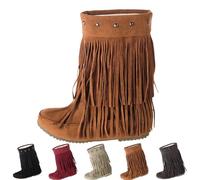 UK 5.5 Fringe Ankle Cowboy Aboots for Women Flat Short Cowgirl Booties Western Fringed Tassel Ankle Boots Rivet Suede Flats Pull on Dress Booties Fall Winter Shoes Brown Footwear