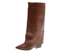 UK 5.5 Knee High Boots Women Pointed Toe Fold Over Under Knee Boot Chunky High Heels Long Boot Dress Foldover Block Heeled Ruched Slouchy Pull on Women Tall Boots A#05_Brown Stylish Footwear Gifts