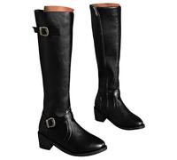 UK 5.5 Knee High Buckle Riding Boots for Women Side Zip Block Mid Heel Flat Tall Pirate Boot Motorcycle Buckle Strap Classic Boots Stylish Black Footwear Gift