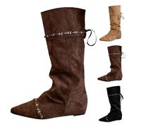UK 5.5 Slouchy Mid Calf Boots for Women Wide Calf Hidden Low Wedges Suede Closed Pointed Toe Knee High Boots with Drawstring Fashion Shoes Tall Boot Brown Footwear