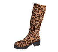 UK 5.5 Suede Knee-High Boots Slouchy Fall Boot for Women Chunky Block Mid Heel Slip on Round Toe Long Boots Comfortable Pull on Riding Boot Fashion Stylish Leopard Brown Footwear Gift