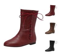 UK 5.5 Wide Fit Flat Ankle Boots for Women Vintage Flats Short Boots Side Lace up Round Toe Pirate Boot Costume Medieval Renaissance Flat Victorian Booties Faux Leather Gothic Shoes Wine Footwear