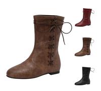 UK 5.5 Wide Fit Flat Ankle Boots for Women Vintage Flats Short Boots Side Lace up Round Toe Pirate Boot Costume Medieval Renaissance Flat Victorian Booties Faux Leather Gothic Shoes Brown Footwear