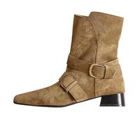 UK 5.5 Women Block Low Heel Pointed Toe Suede Cowgirl Boots Wide Calf Pull on Ankle Bootie with Buckle Western Working Party Event Shoes Khaki Footwear