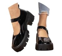 UK 5.5 Women Fashion Platform Loafers Chunky Block Lug Sole Buckle Round Toe Patent Black Mary Jane Adjustable Strap Oxfords Dress Shoes School Work Pumps Footwear Black