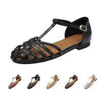 UK 5.5 Womens Caged Closed-Toe Hollow Toe Flat Sandals T Bar Strap Buckle Roman Vintage Casual Fisherman Sandals Walking Sandal A1_Black
