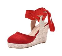 UK 5.5 Womens Closed Toe Sandals Lace up Summer Espadrilles Tie up Ankle Strappy Platform Wedge Sandal Fashion Wide Fit Shoes Gifts 2025 02_Clearance Red
