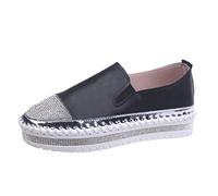 UK 5.5 Womens Diamante Slip On Trainers Casual Womens Shoes Glitter Rhinestone Sparkly Platform Loafers 004_Black