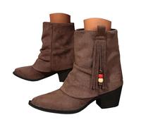 UK 5.5 Womens Foldover Tassel Ankle Booties Fold Over Short Bootie Flat Low Block Heel Suede Pull on Cowboy Boots Cowgirl Western Slouchy Ankle Booties A#02_Brown Stylish Footwear Gifts