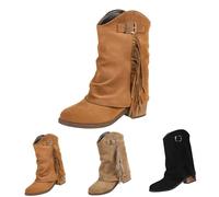 UK 5.5 Womens Foldover Tassel Ankle Booties Fold Over Short Bootie Flat Low Block Heel Suede Pull on Cowboy Boots Cowgirl Western Slouchy Ankle Booties A#03_Brown Stylish Footwear Gifts