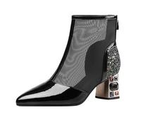 UK 5.5 Women's Glitter Pointed Toe Sparkle diamante Chunky Heel Sparkly Booties Ankle Boots Mesh See Through Court Shoes #1_Black Clearance