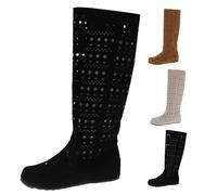 UK 5.5 Women's Knee High Low Hidden Wedge Boots Suede Faux Leather Hollow Out Western Boot Round Toe Pull on Ruched Slouchy Brown Tan Fall Boots Tall Vintage Long Booties B1_Black Footwear