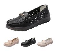 UK 5.5 Womens Loafers Soft Leather Casual Slip-On Hollow out Comfort Walking Penny Flats Boat Moccasins Sporty Wedge Loafer with Chain Trim Non-slip Outdoor Driving Shoes for Ladies Black Footwear New