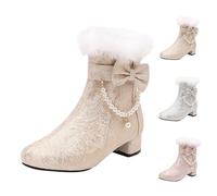 UK 5.5 Women's Low Block Heeled Ankle Booties Side Zipper Faux Fur Trim Pearls Chain Cute Bow Warm Winter Boots Comfortable Shoes for Cheongsam Dress Christmas Ankle Boots Beige Footwear Clearance