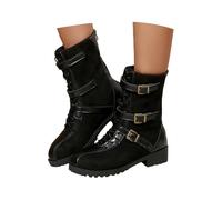 UK 5.5 Womens Mid Calf Combat Boots Faux Suede Leather Round Toe Low Heel Lace up Round Toe Military Booties Fall Shoes Motorcycle Riding Short Boots with Buckle #02_Black Stylish Footwear Gifts