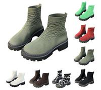 UK 5.5 Women's Round Toe Knited Stretch Socks Ankle Boots Elastic Chelsea Boots Chunky Block Heel Platform Lug Sole Ankle Booties Footwear Army Green