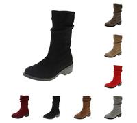 UK 5.5 Women's Slouchy Mid Calf Boots Zip up Flat Boots Round Toe Back Zip Fall and Winter Fashion Comfortable Suede Calf High Boot Chunky Block Low Heel Retro Cute Casual Comfort Slouchy Bootie Black