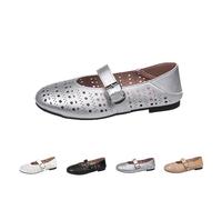 UK 5 Hollow Ballet Flats Shoes for Women Mary Jane Comfort Round Toe Metal Buckle Flats Slippers Walking Shoes Dressy Casual Office Summer Ballerina Flat Shoe Silver Footwear