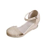 UK 5 Platform Closed Toe Wedge Heel Sandals for Women,Ladies Retro Chinese Beijing Style Hessian Pumps Jute-Rope Sandals with Toes Covered Footwear UK 3.5-8 003_Beige