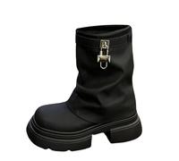 UK 5 Slouchy Boots for Women Fold Over Platform Boots Round Toe Pull on Faux Leather Goth Boot Punk Mid Calf Chunky Lug Sole Combat Motorcycle Biker Short Ankle Boot Footwear Black