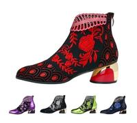 UK 5 Sparkly Rhinestones Ankle Boots for Women,Women's Flower Embroidery Mid Low Chunky Heel Vintage Pointed Toe Back Zipper Short Booties Retro Casual Elegant Ladies Shoes Footwear Red